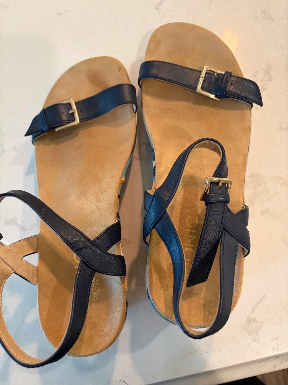 Vionic Orthoheel Striped Canvas Platform Wedges in Navy, Peach & Teal